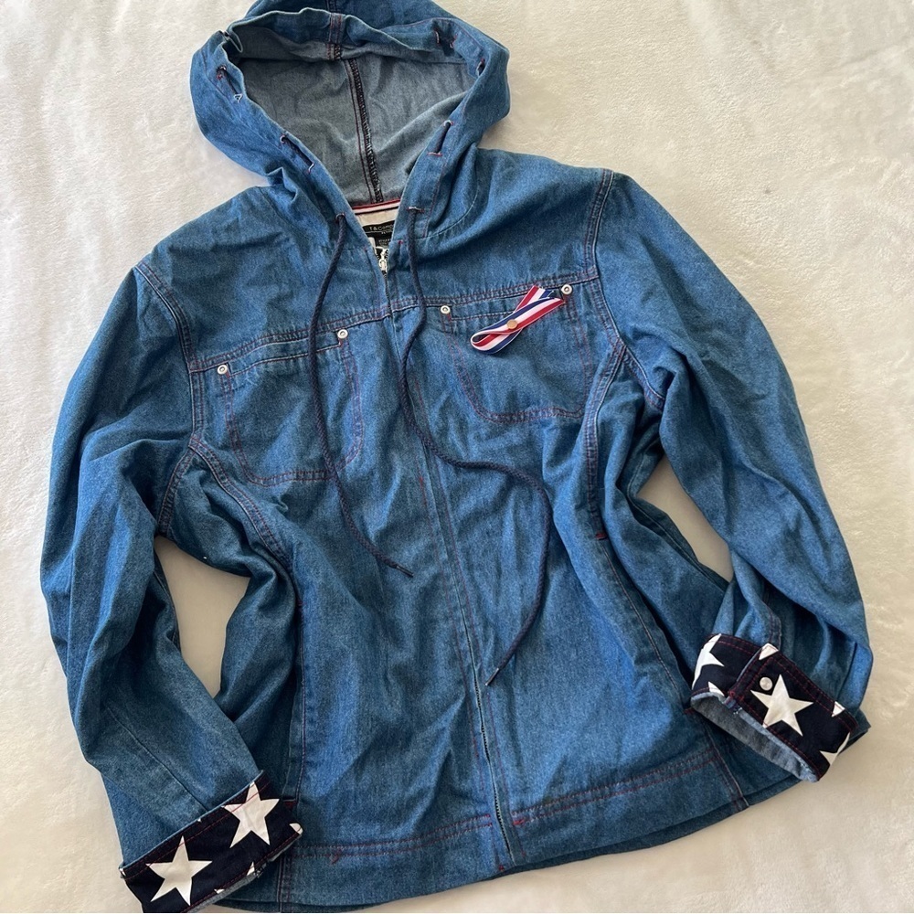 Vintage T & Company Blue Denim Hooded Flag lined srawstring Jacket